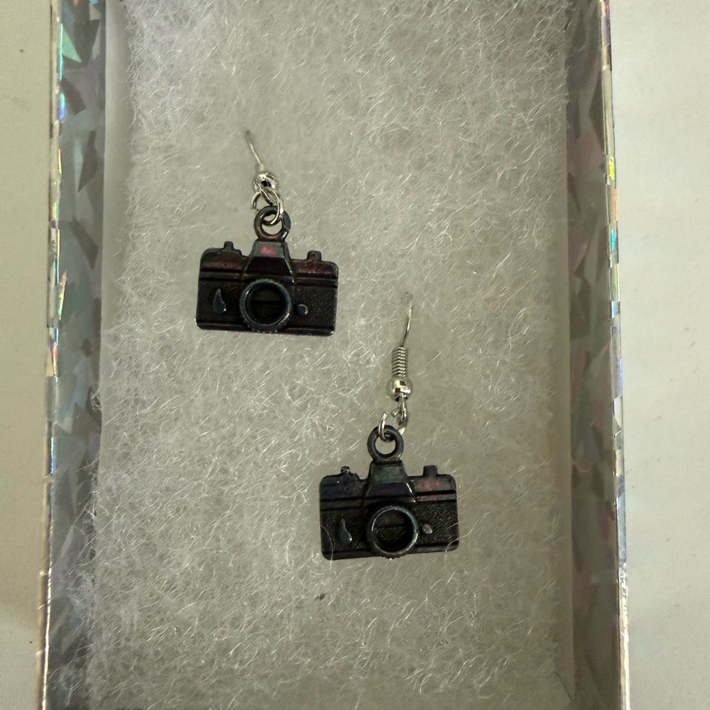 Camera Charm Dangle Earrings - Black